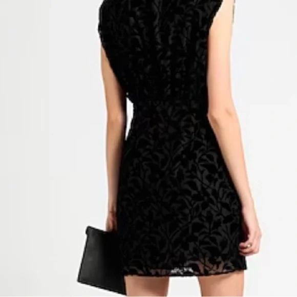 NWT The Kooples  Black Devoré Velvet Burnout Short Dress Gathered pattern Fr 0 - Picture 2 of 7